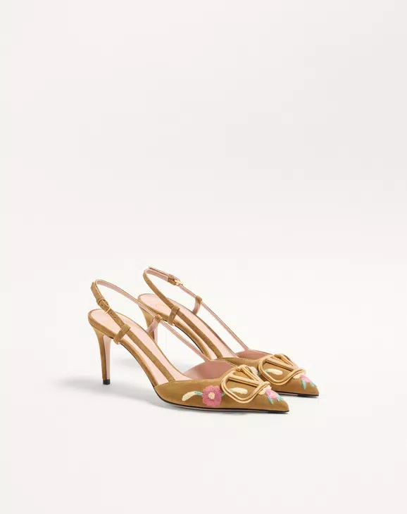 Valentino VLogo Signature Slingback Pump In Crust Leather With Floral Embroidery 80Mm - Image 6